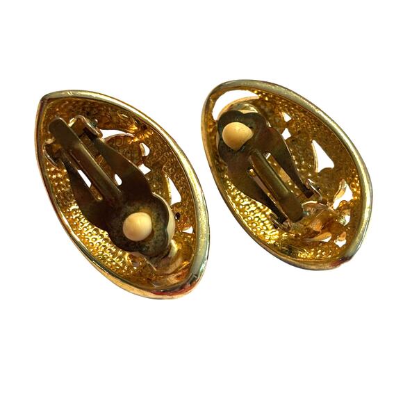 Chunky clip on earrings gold tone & faux pearls rhinestones vintage 80’s runway - Picture 3 of 8